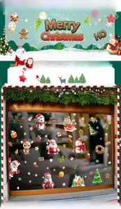 Detailed Christmas window stickers showing Santa and reindeer on glass storefronts