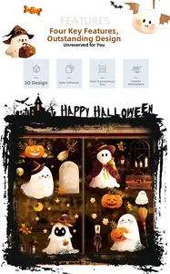 Detail of 3D Halloween window clings featuring ghosts and pumpkins with static cling tech