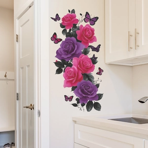 Creative purple vine and pink rose wall stickers with butterflies for bathroom decor