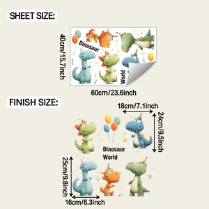 Detailed sheet dimensions of cartoon dinosaur wall decals with colorful balloon stickers