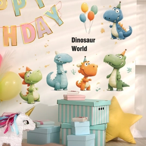 Cute cartoon dinosaur world wall stickers for kids nursery room decor with balloon accents