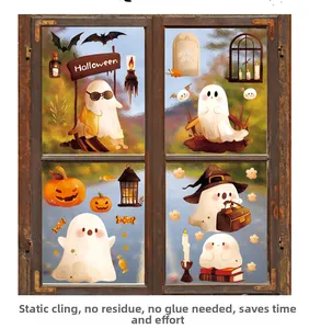 Halloween window decals showing cute ghosts and pumpkins on a rustic wood window pane