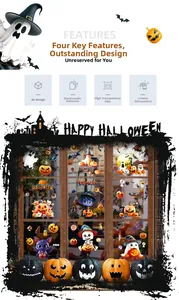 Halloween window stickers featuring 3D ghost, pumpkin, and bat designs for home decoration