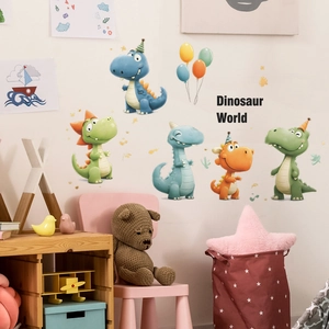 Cute cartoon dinosaur and colorful balloons wall stickers set for kids bedroom decor