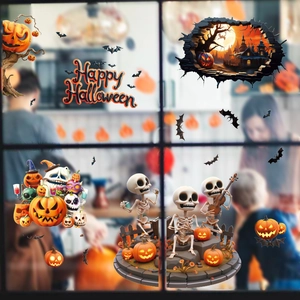 Halloween window stickers featuring skeletons, pumpkins, bats and Happy Halloween sign