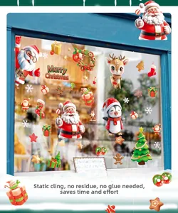 Detailed scene of Santa Claus and reindeer static window stickers on a glass pane