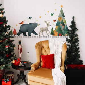 Christmas bear and elk wall stickers for living room decor with stars and geometric trees