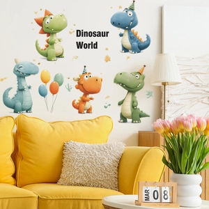 Cartoon dinosaur and balloon wall decals for nursery decor with Dinosaur World lettering