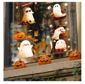 Cozy Halloween window stickers set featuring cute ghost and pumpkin decals on glass