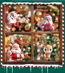 Detail of Christmas window clings featuring Santa, reindeer, and snowflakes on a glass window