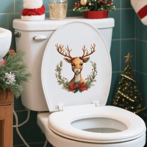 Autocollant de toilette renne de Noël avec couronne de pin et nœud rouge décoratif