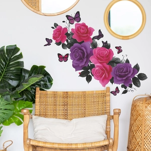 Floral wall sticker featuring purple roses and butterflies for home decor enhancement