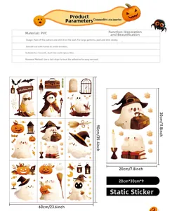 Detailed size guide for 9-piece Halloween PVC static window stickers showing dimensions