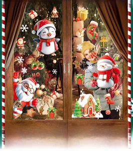 3D Santa Claus and snowman static window clings with festive snowflakes on glass