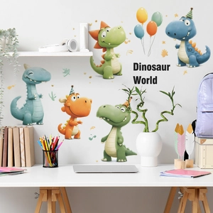 Cartoon Dinosaur And Balloons Wall Stickers For Kids Room Bedroom Nursery PVC Self Adhesive Colorful Dinosaur World Decals