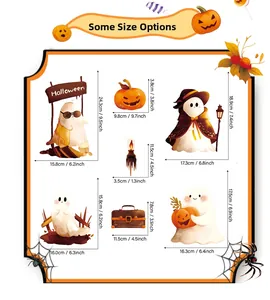 Size chart for Halloween window clings showing ghost and pumpkin sticker dimensions