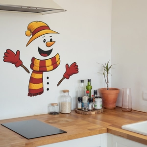 Cute Christmas snowman wall sticker with yellow hat and red scarf for kitchen home decor