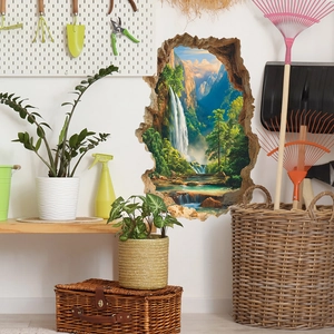 Sticker mural 3D effet mur brisé avec paysage majestueux de cascade de montagne et forêt