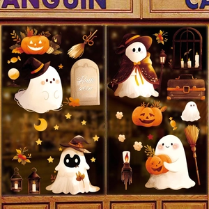 Set of cute Halloween static window clings featuring cartoon ghosts and pumpkin decorations