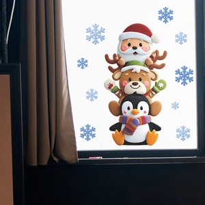 3D cartoon Santa, reindeer and penguin window stickers with blue snowflakes for Christmas decor