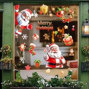 Christmas Santa Claus window stickers set with snowflakes and gift boxes on glass background