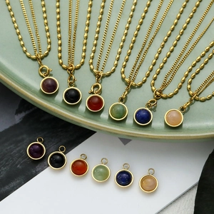 Retro Double Layer Stainless Steel Rice Bead Chain Necklace Natural Stone Round Agate Pendant 18K Gold Plated Jewelry For Women