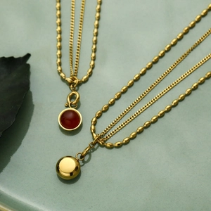 Vintage double layer 18K gold plated necklace with red agate stone and gold bead pendant