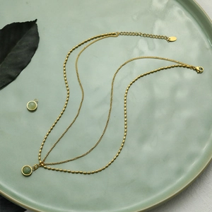Double-layer gold plated necklace with green agate pendants and oval rice bead chain