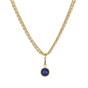 Double-layer gold plated necklace with blue lapis lazuli stone pendant on white background