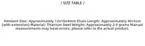 Size chart for vintage stainless steel lock necklace with detailed product dimensions