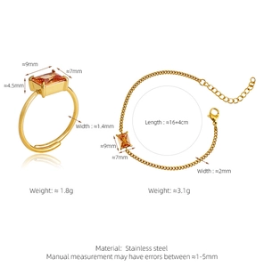 Detailed specs of stainless steel set with 9x7mm champagne zircon ring and 16cm bracelet