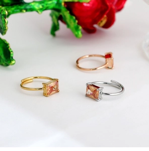 Three-color adjustable stainless steel rings with emerald-cut champagne zirconia stones