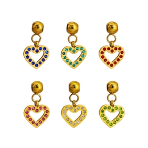 Set of 6 stainless steel hollow heart pendants with colorful rhinestones in gold finish