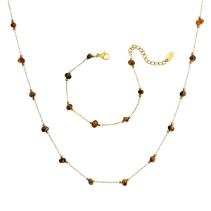 Tiger eye stone and gold chain necklace with bracelet set featuring K18 engraved tag