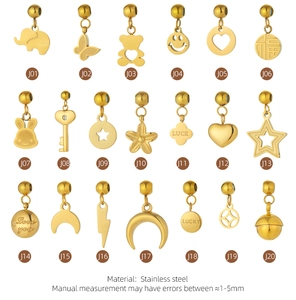 Macro view of twenty different gold stainless steel pendants with various unique shapes