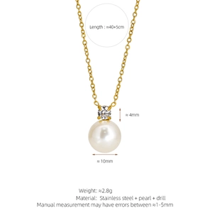 Detailed specs of a 10mm pearl pendant necklace with gold stainless steel chain