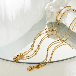 Minimalist double-layer 18K gold-plated stainless steel bead chain necklace with lobster clasp