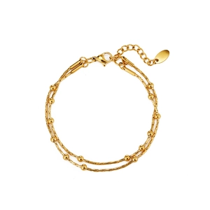 Minimalist double layer snake chain bracelet with round beads in 18K gold plated steel