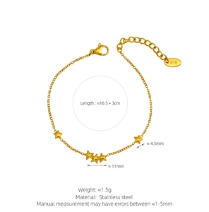 Detail showing the K18 engraving on a gold stainless steel star bracelet with measurements