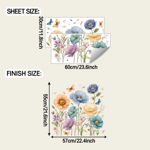 Détails des dimensions des stickers muraux fleurs colorées avec papillons et libellules
