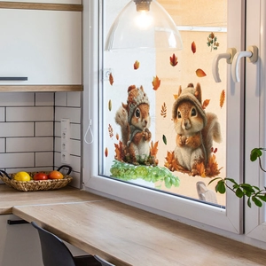 Autocollants de fenêtre écureuils mignons avec feuilles d'érable pour déco de chambre