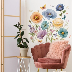 Stickers muraux fleurs colorées et papillons pour salon et chambre décoration intérieure