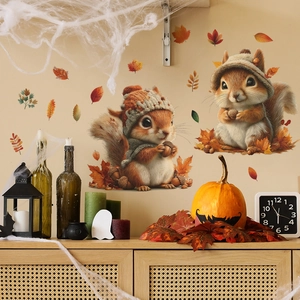 Stickers muraux écureuils d'automne mignons avec feuilles d'érable pour décor de chambre