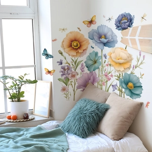Stickers muraux fleurs aquarelle et papillons colorés pour décoration murale de chambre