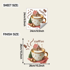 Detail view of Christmas coffee cup wall stickers showing sheet and finish dimensions