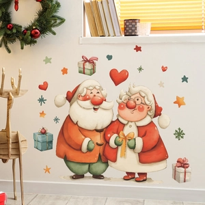 Cartoon Santa Claus and Mrs. Claus hugging wall stickers with hearts and gift decor