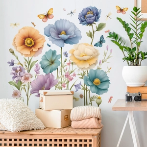 Stickers muraux fleurs colorées en PVC pour décoration de salon et chambre à coucher