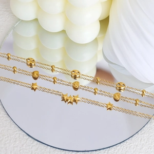 Minimalist 18K gold plated bead chain bracelet with star heart and pig nose pendants