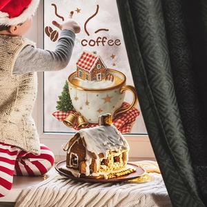 Christmas coffee window sticker featuring gingerbread house motifs for holiday window decor