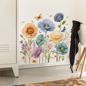 Stickers muraux fleurs aquarelles avec papillons pour décor de salon et chambre